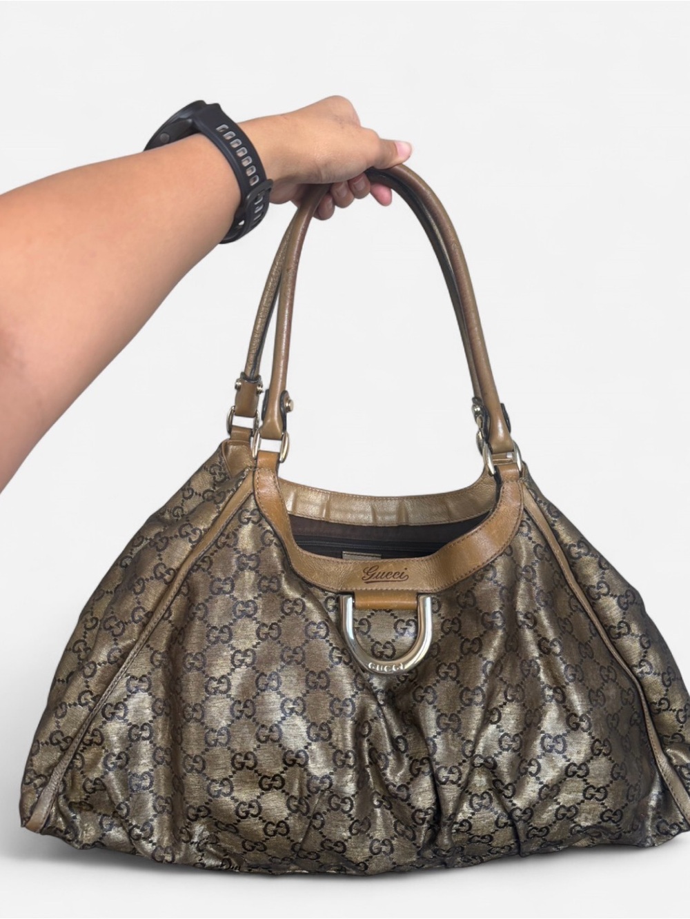 Gucci Brown Monogram Shoulder Bag with Tan Leather Trim